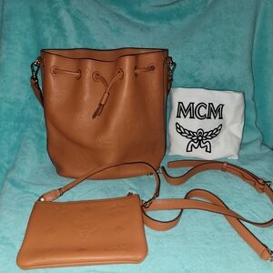 MCM Tan Leather Bucket Bag and Pouch Set